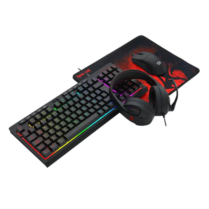 Combo gamer Redragon 4 en 1 con teclado K515, mouse M724, auriculares H211 y mouse pad P016, en color rojo y negro.