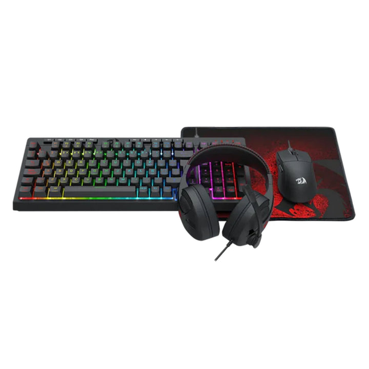 Combo gamer Redragon 4 en 1: teclado K515, mouse M724, auriculares H211 y mouse pad P016 en una sola imagen.
