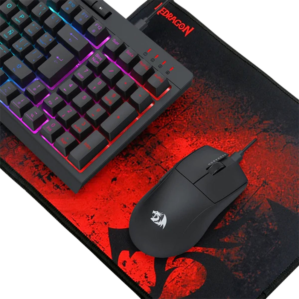 Combo gamer Redragon 4 en 1: teclado K515, mouse M724, auriculares H211 y mouse pad P016 en imagen.
