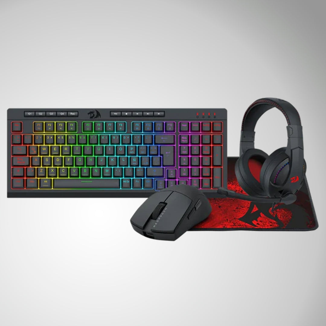 Combo gamer Redragon 4 en 1 con teclado K515, mouse M724, auriculares H211 y mouse pad P016 en la imagen.