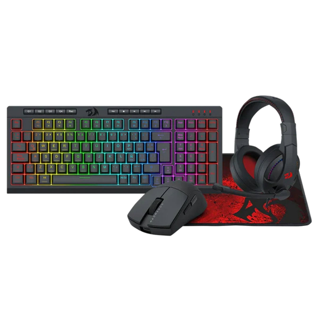 Combo gamer Redragon 4 en 1 con teclado K515, mouse M724, auriculares H211 y mouse pad P016 en color rojo y negro.