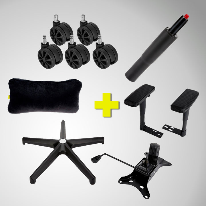 Combo 5 CORSAIR TC200 - Estrella de acero + tubo de gas clase 4 + ruedas de 75 mm + base de asiento + reposabrazos 4D + cojín cervical viscoelástico - Achorao