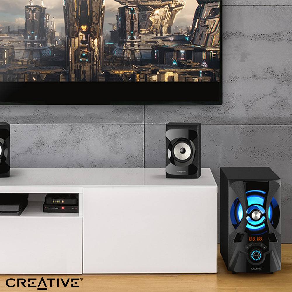 Parlante Creative E2900 2.1 60W/120W  BT/ FM/ USB/ SD/ 3.5MM 220V Luz Led - Achorao