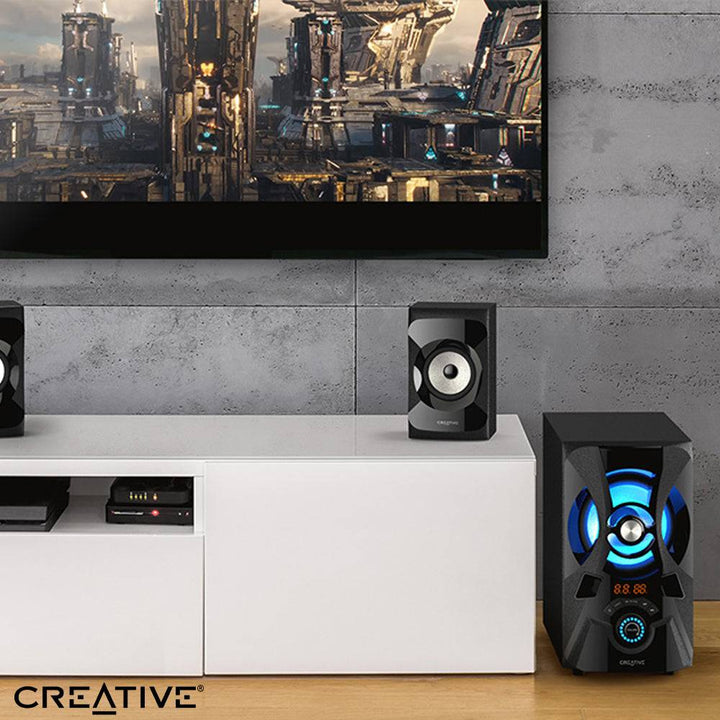 Parlante Creative E2900 2.1 60W/120W  BT/ FM/ USB/ SD/ 3.5MM 220V Luz Led - Achorao