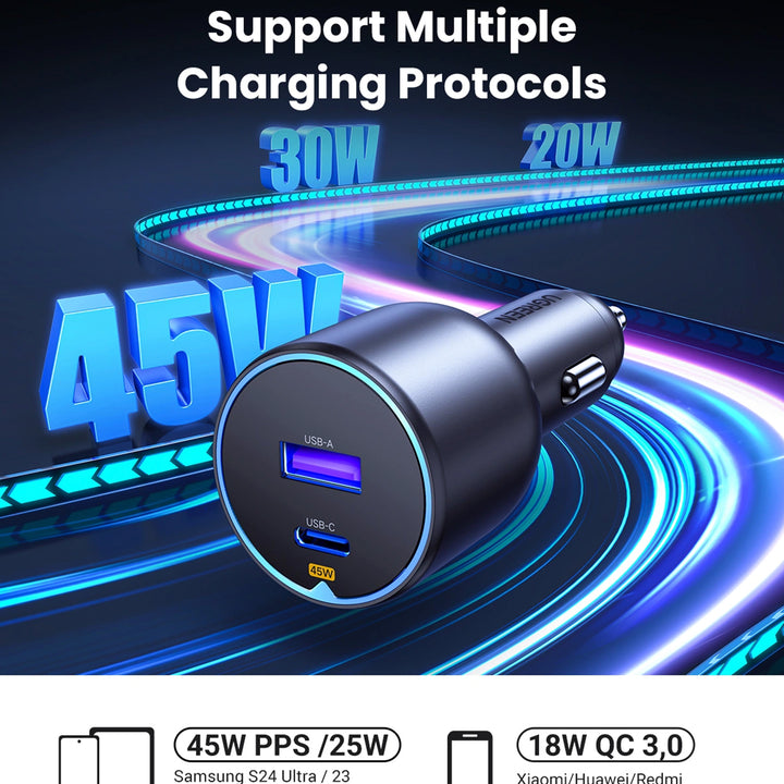 Cargador rápido para auto UGREEN de 63 W con puerto USB-C y USB-A, EC701