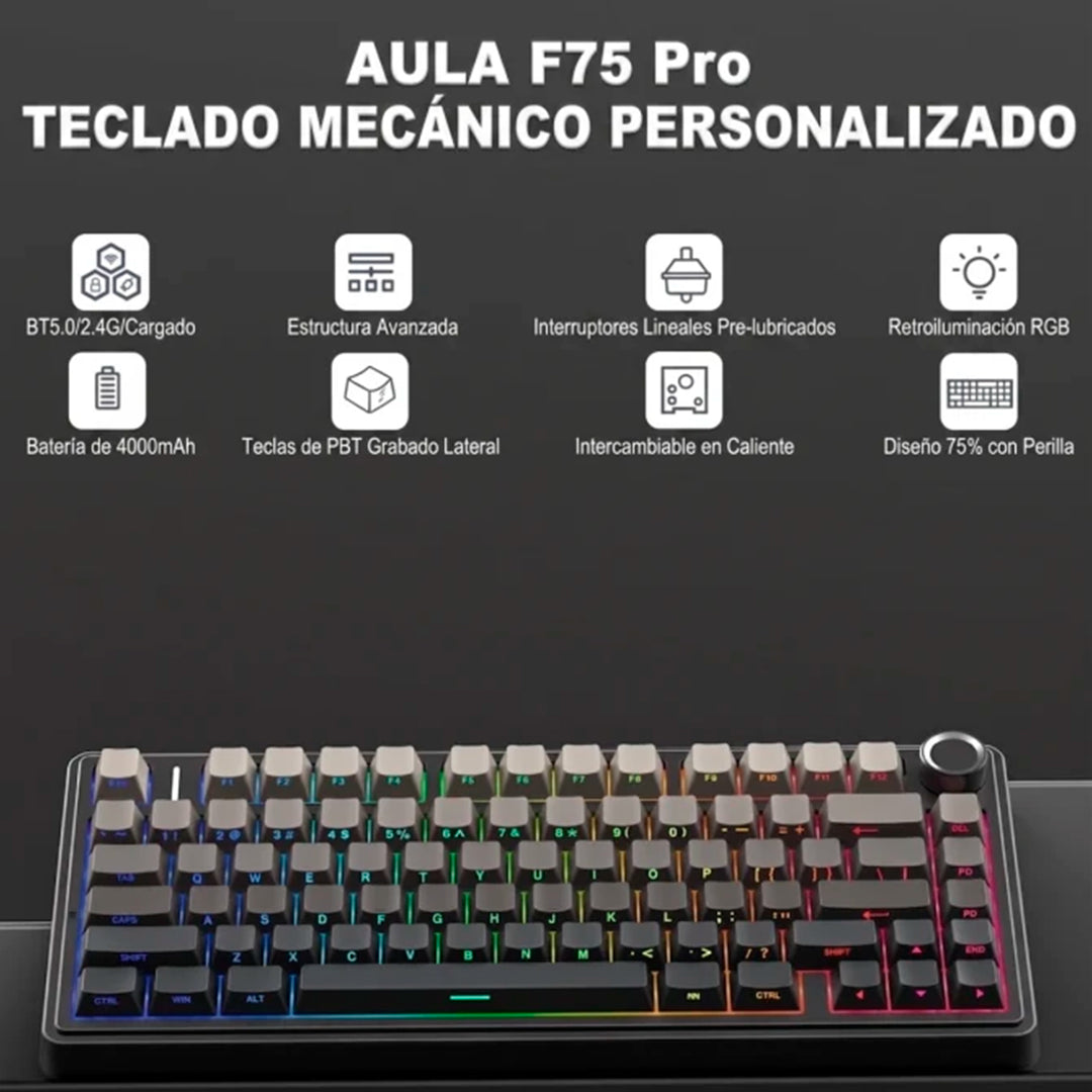 Teclado mecánico gamer Aula F75, inalámbrico, RGB, Español, Reaper Switch