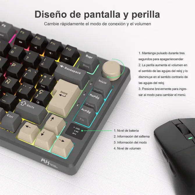 Teclado inalámbrico gamer Royal Kludge RK M75 con switches creamy PHANTOM y diseño compacto en color negro.