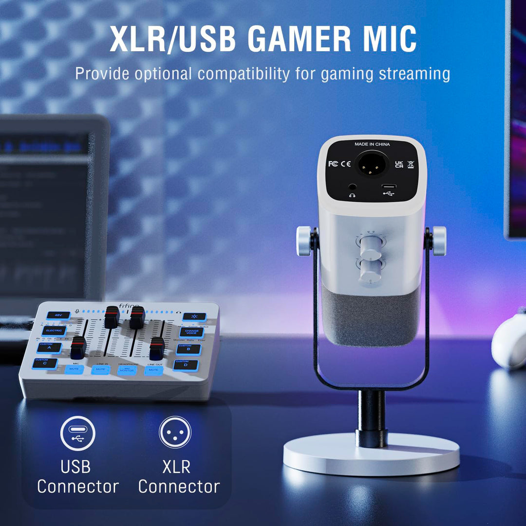 Micrófono dinámico FIFINE AM8 WHITE con RGB Touch-mute, Controles de E/S, Monitoreo en Vivo para Streaming - Achorao