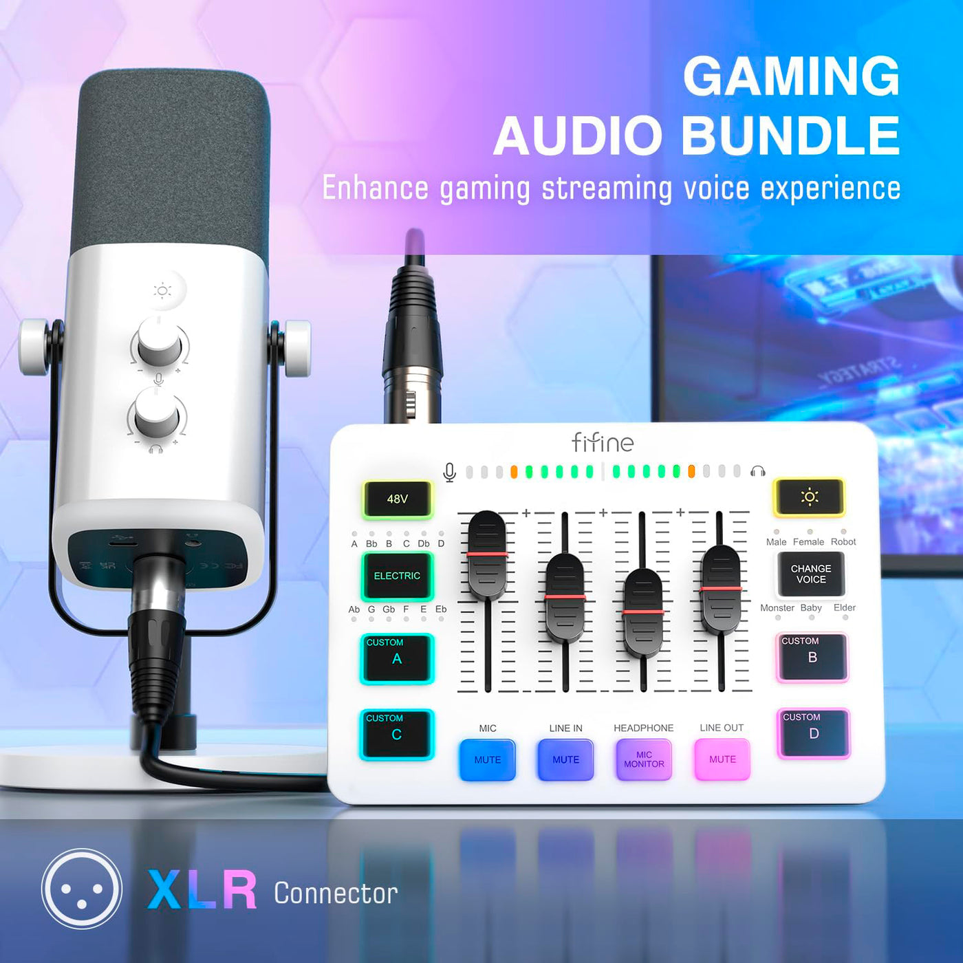 Micrófono dinámico FIFINE AM8 WHITE con RGB Touch-mute, Controles de E/S, Monitoreo en Vivo para Streaming - Achorao