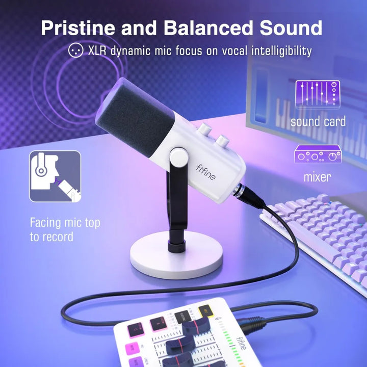 Micrófono dinámico FIFINE AM8 WHITE con RGB Touch-mute, Controles de E/S, Monitoreo en Vivo para Streaming - Achorao