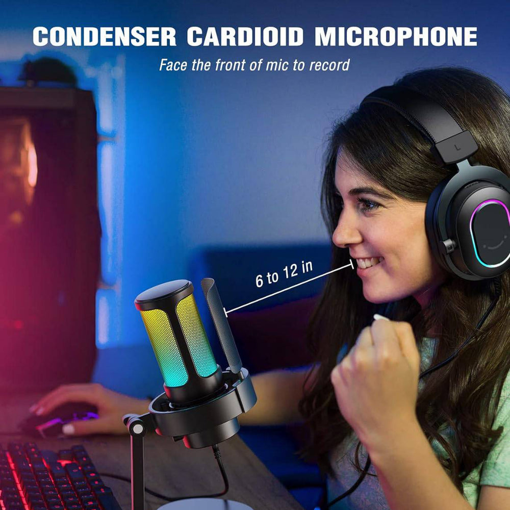 Micrófono Fifine A8 negro para Mac y PS4/PS5 con control RGB y función de silencio táctil, ideal para streaming y gaming.