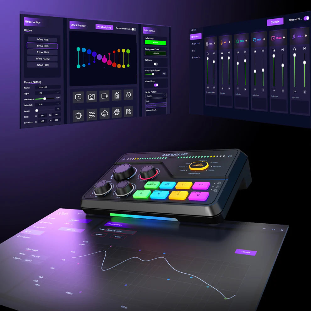 Mezclador de audio para streaming y gaming FIFINE AmpliGame SC8 USB con efectos de voz - Achorao