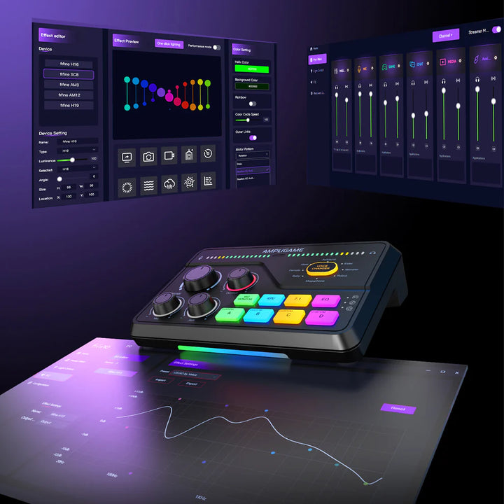 Mezclador de audio para streaming y gaming FIFINE AmpliGame SC8 USB con efectos de voz - Achorao