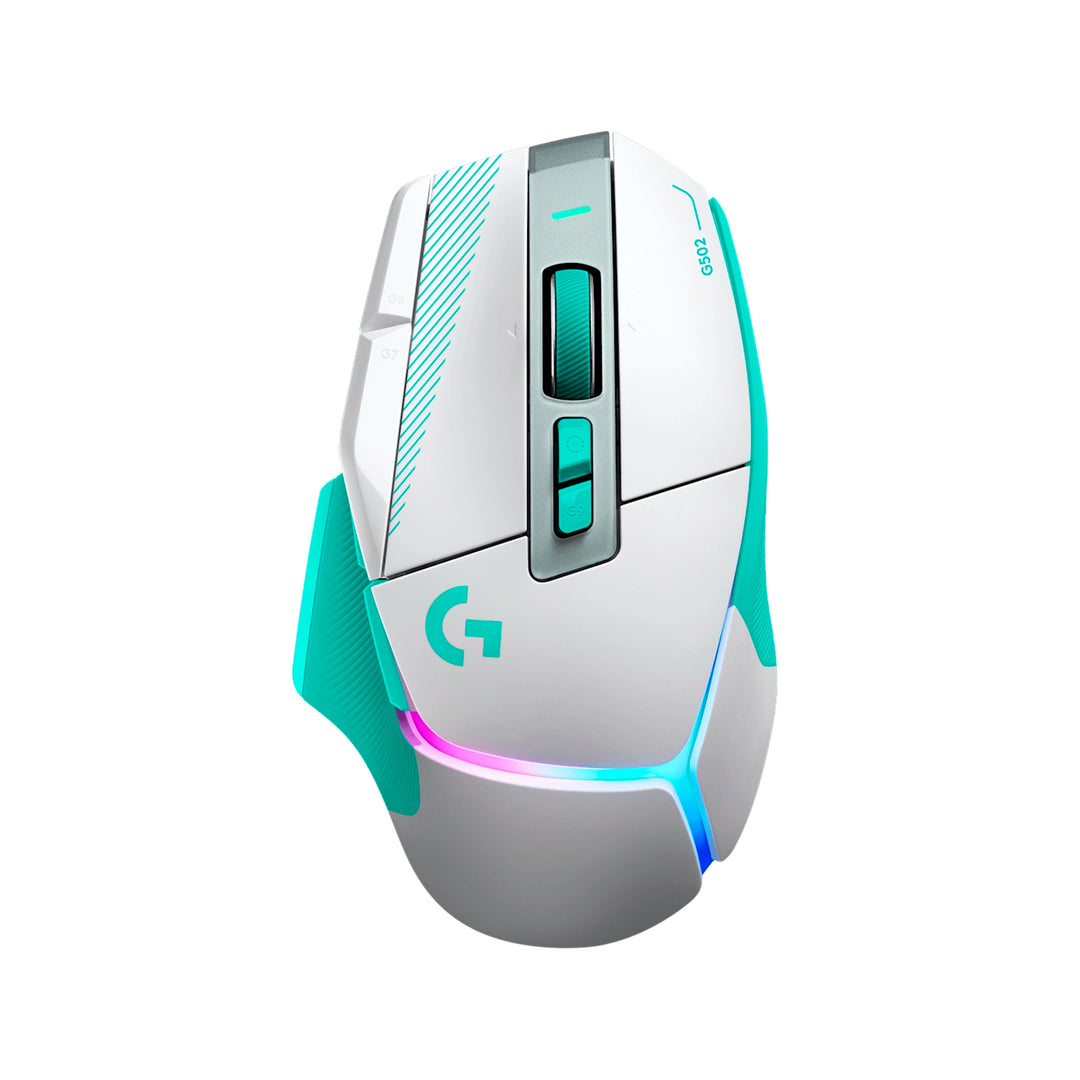 Mouse gamer inalámbrico Logitech G502 X Plus blanco con iluminación RGB y diseño ergonómico, vista superior.