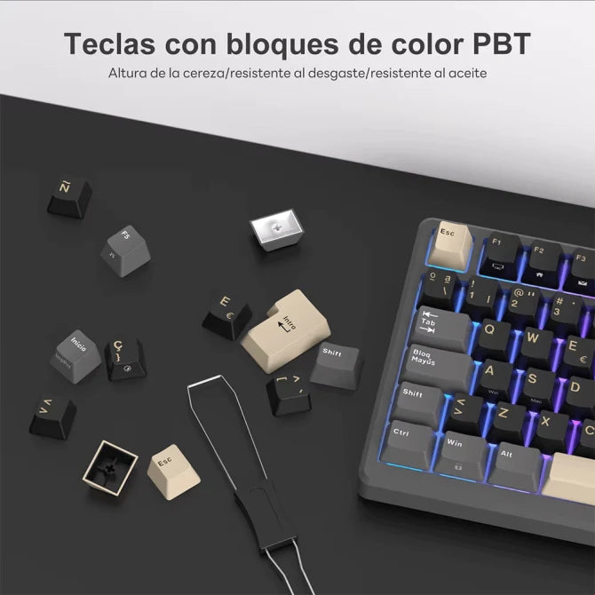 Teclado mecánico gamer inalámbrico Royal Kludge RK M75 con switches creamy PHANTOM, en color gris con teclas retroiluminadas.