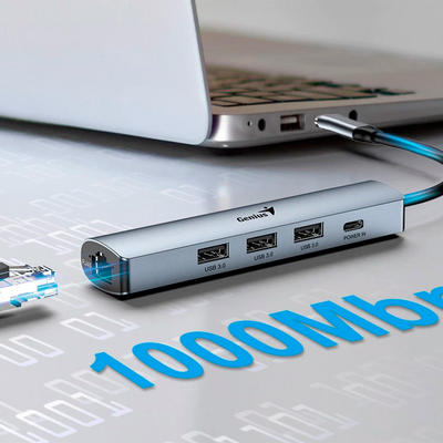 Adaptador Hub  usb-c Genius uh-545 gigabit ethernet 1-usb-c 3-usb-A - Achorao