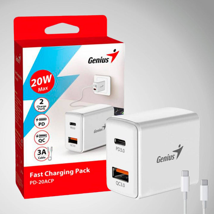 Cargador de pared Genius PD-20ACP 20w fast charge + cable Genius 3A usb-C a usb-C - Achorao