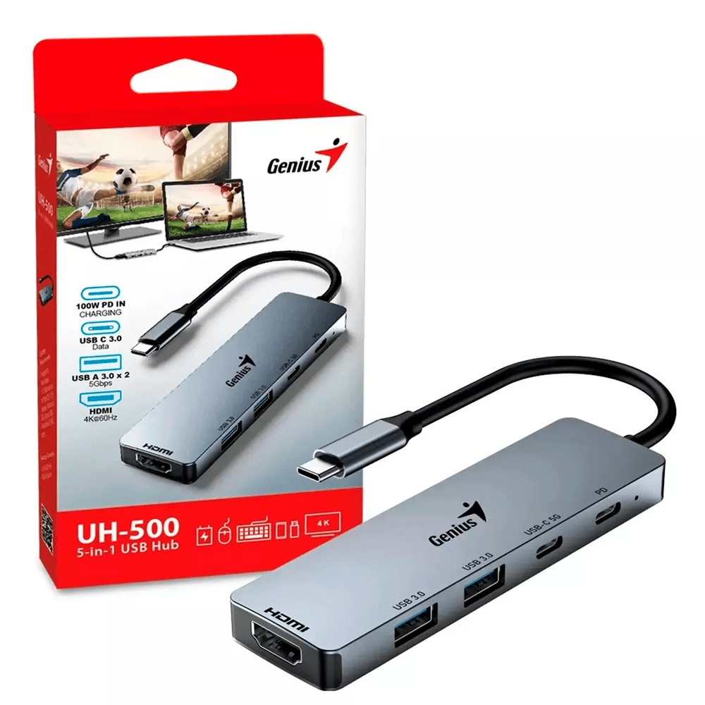 ADAPTADOR HUB USB-C GENIUS UH-500 2 USB-A 3.0 / 1 USB-C / 1 HDMI 4K POWER DELIVERY 100W SILVER - Achorao