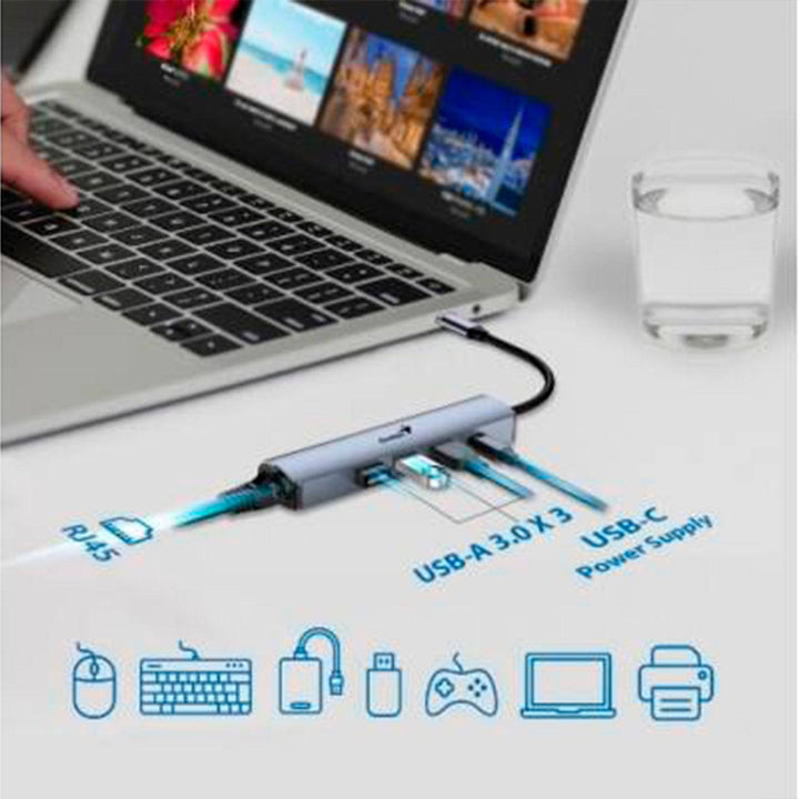 Adaptador Hub  usb-c Genius uh-545 gigabit ethernet 1-usb-c 3-usb-A - Achorao