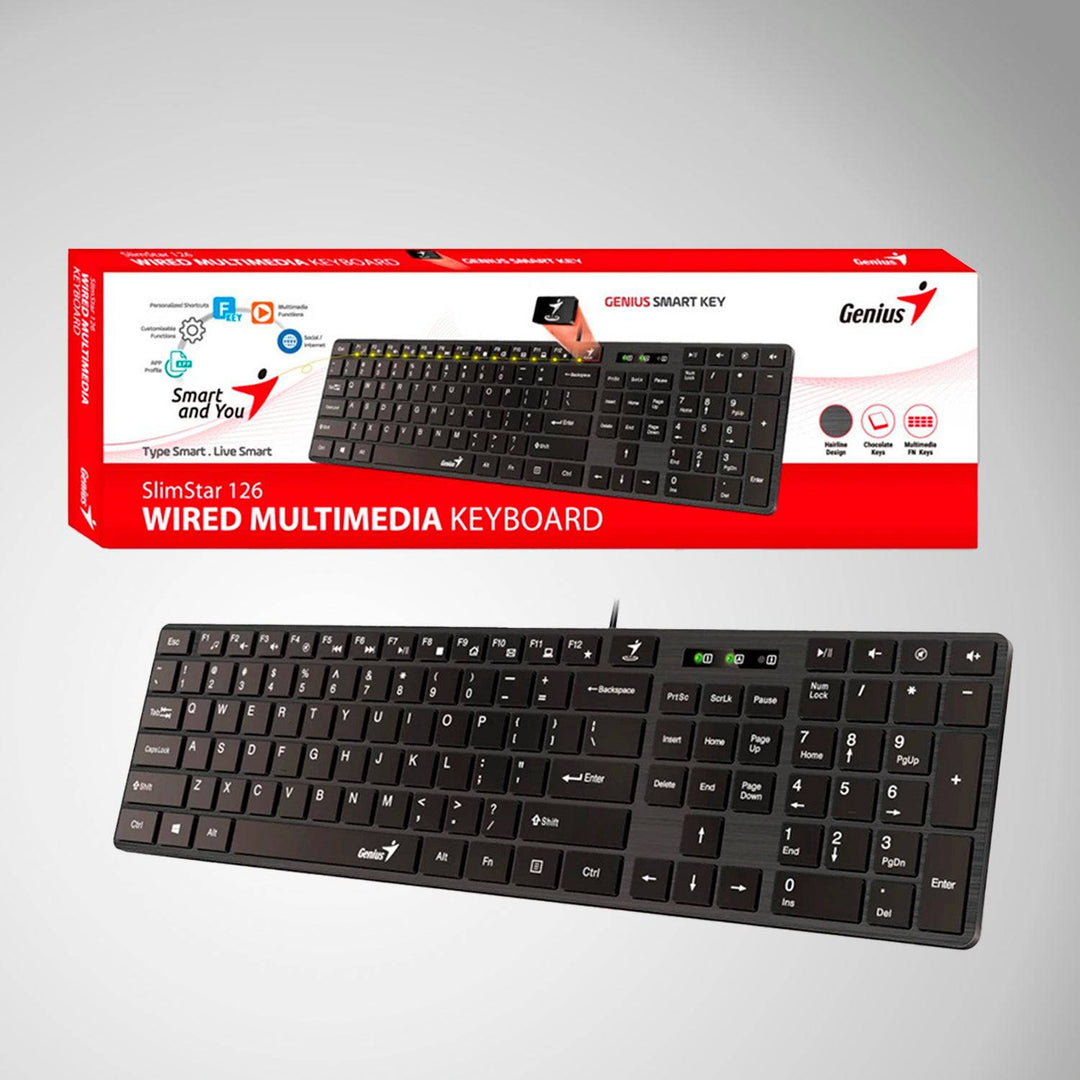 Teclado Genius Smart Slimstar 126 de oficina en negro, USB con funciones multimedia y diseño compacto en layout en español.