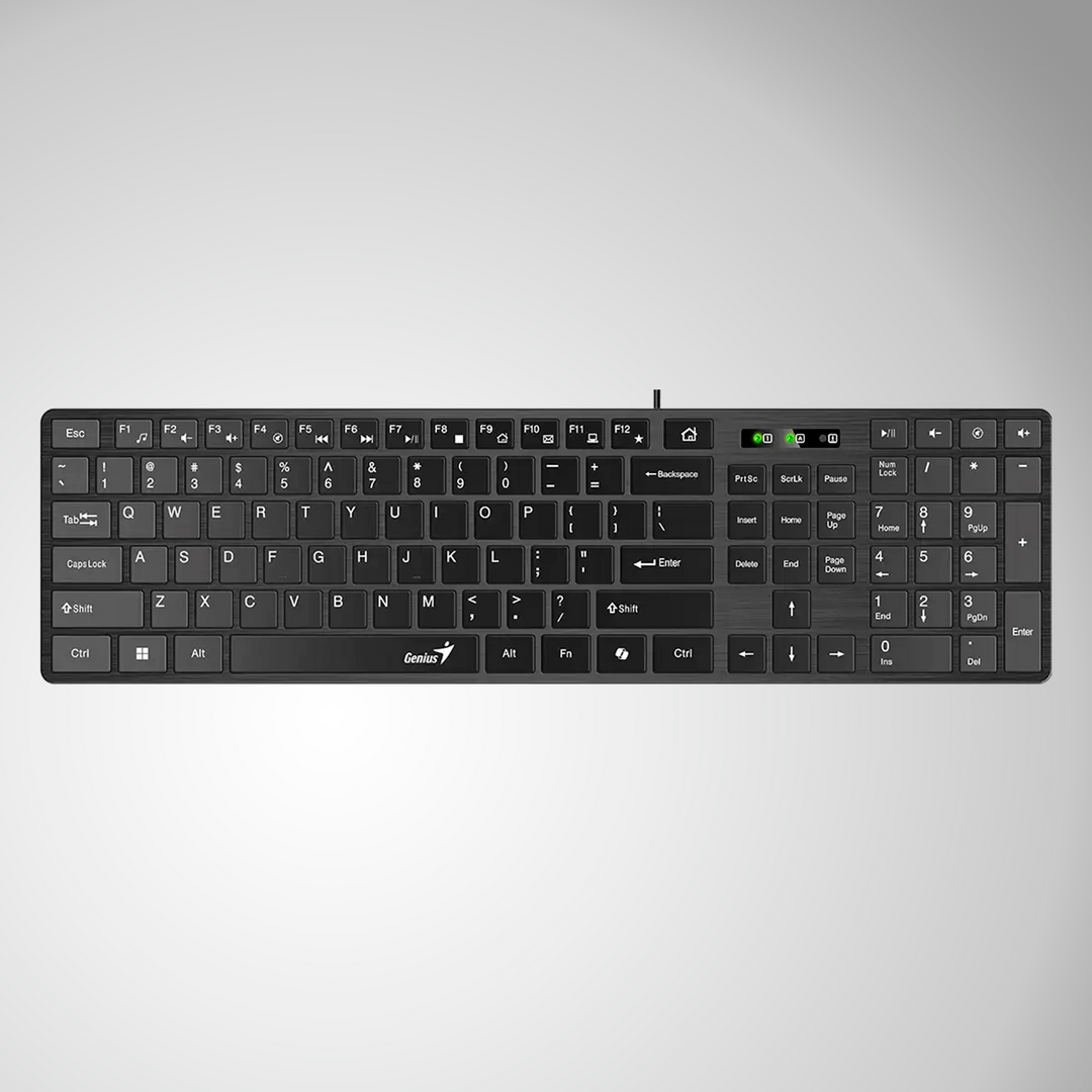 Teclado Genius Smart Slimstar 126 negro, de oficina, USB con funciones multimedia y teclado en español.