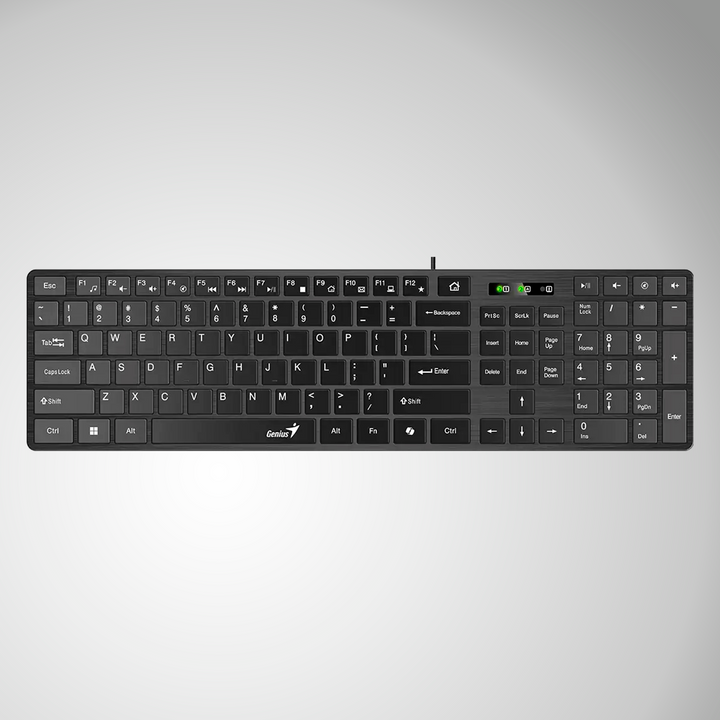 Teclado Genius Smart Slimstar 126 negro, de oficina, USB con funciones multimedia y teclado en español.