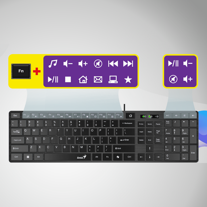 Teclado de oficina Genius Smart Slimstar 126 negro con conectividad USB y funciones multimedia en diseño compacto y layout en español.