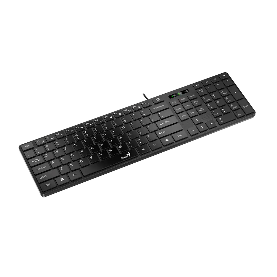 Teclado Genius Smart Slimstar 126 de oficina, negro, con USB y teclas multimedia, layout en español.