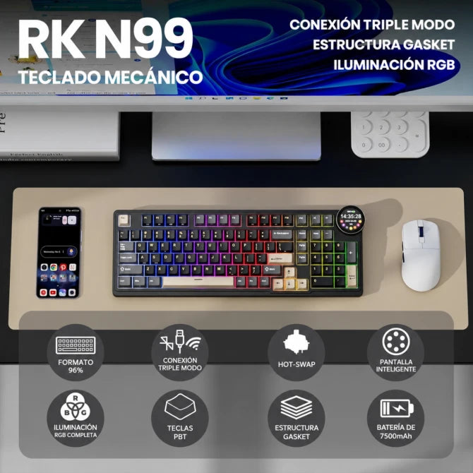 Teclado mecánico gamer Royal Kludge RK-N99 Inalámbrico Español PHANTOM - CREAM SWITCH