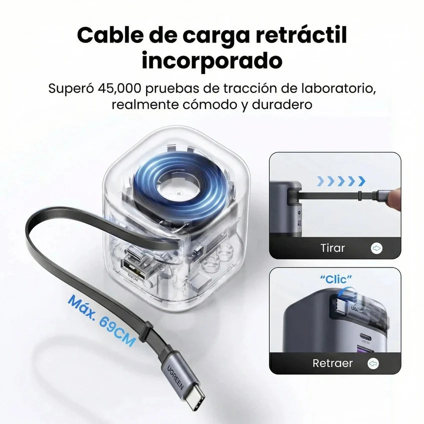 Cargador rápido UGREEN 45W GaN gris con cable retráctil X614 65821