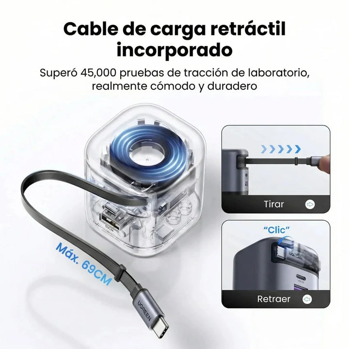Cargador rápido UGREEN 45W GaN gris con cable retráctil X614 65821