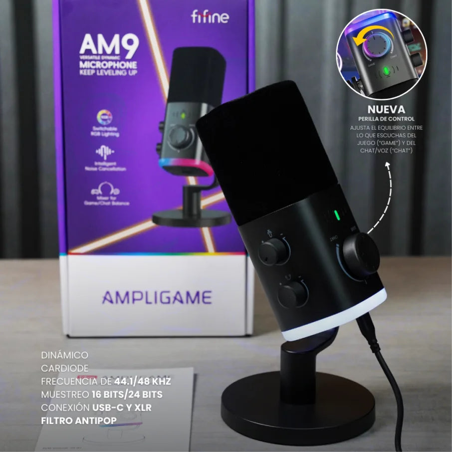 Micrófono Fifine AM9 para streaming y gaming, USB, RGB - Achorao