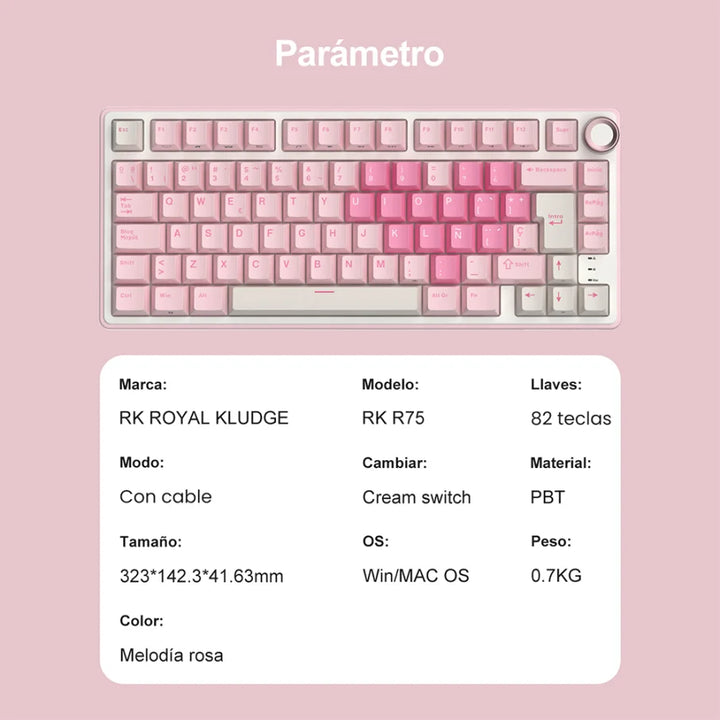 Teclado mecánico gamer Royal Kludge RK R75, cableado, Creamy switch, Pink Melody - Achorao