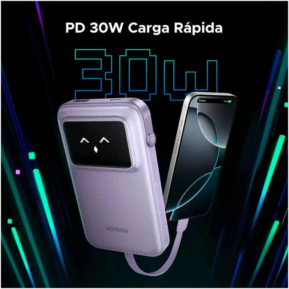 Cargador portátil UGREEN UNO 30W 10000mAh con cable USB-C - PB511 Lila - Achorao