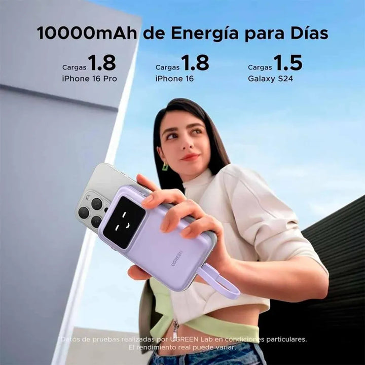 Cargador portátil UGREEN UNO 30W 10000mAh con cable USB-C - PB511 Lila - Achorao