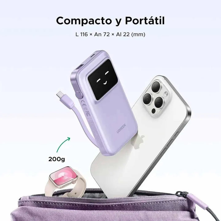 Cargador portátil UGREEN UNO 30W 10000mAh con cable USB-C - PB511 Lila - Achorao