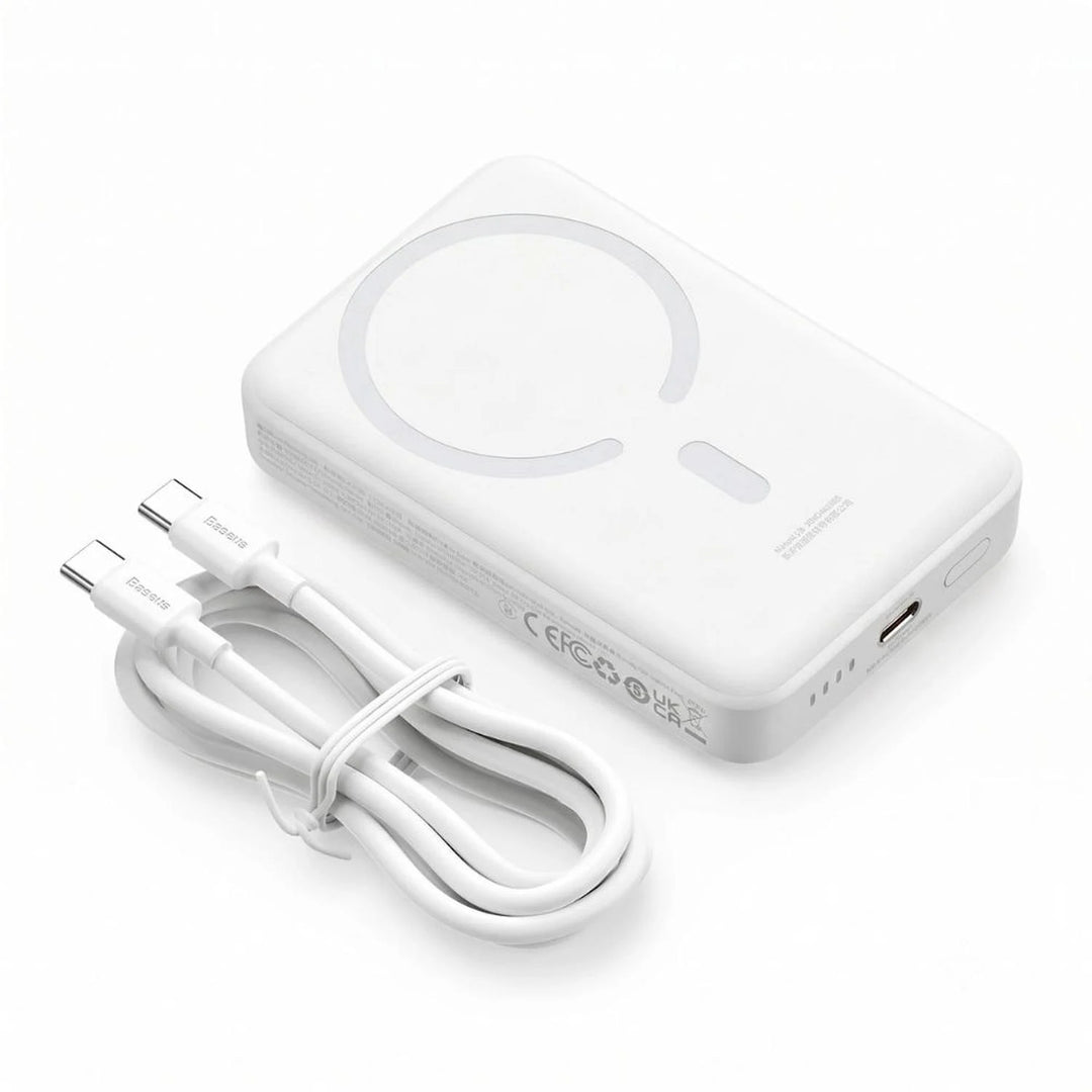 Mini PowerBank inalámbrico magnético Baseus, 10000 mAh, 20W Carga rápida, con cable tipo C, color Blanco