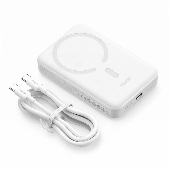Mini PowerBank inalámbrico magnético Baseus, 10000 mAh, 20W Carga rápida, con cable tipo C, color Blanco