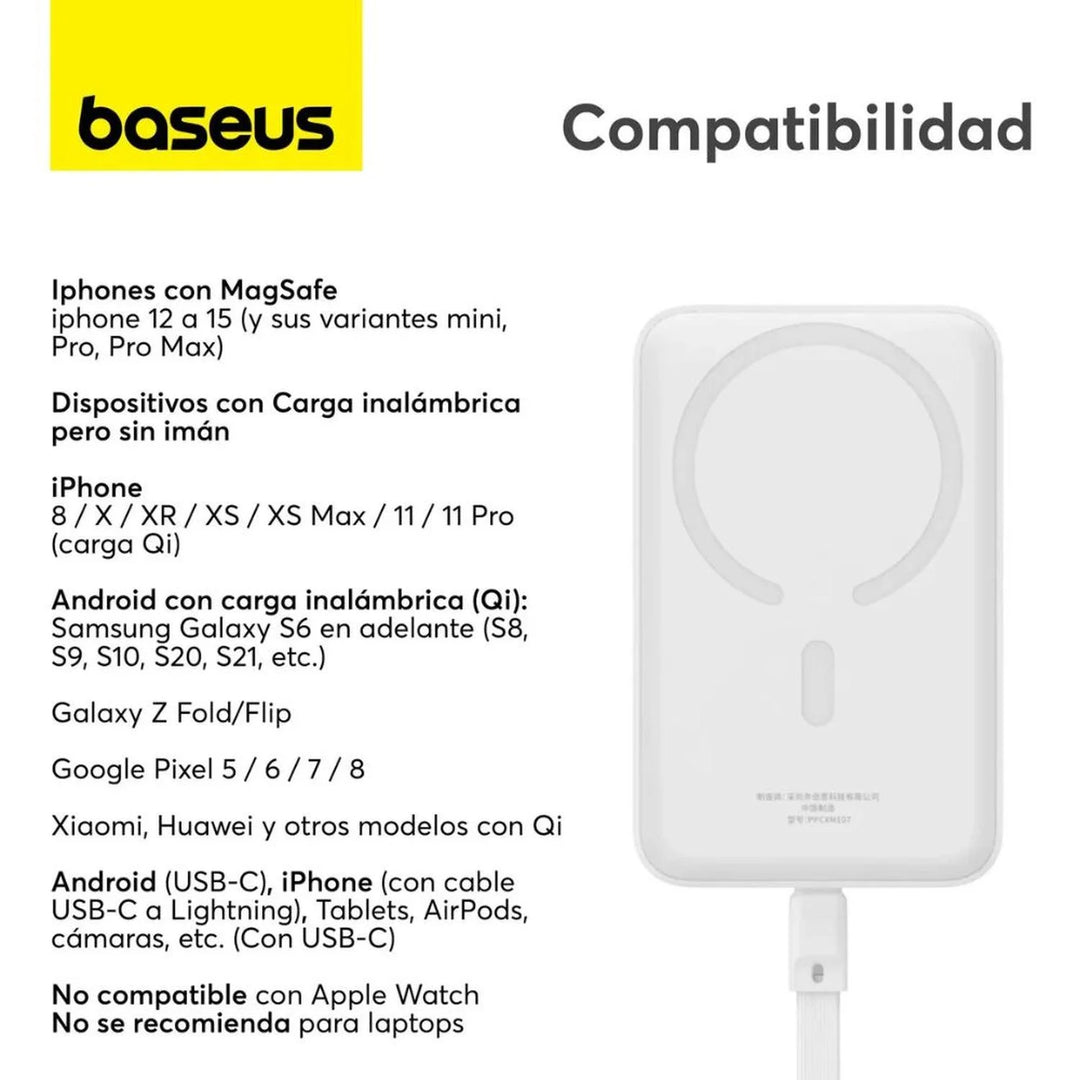 Mini PowerBank inalámbrico magnético Baseus, 10000 mAh, 30W Carga rápida, con cable tipo C