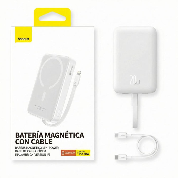 Mini PowerBank inalámbrico magnético Baseus, 10000 mAh, 20W Carga rápida, con cable tipo C, color Blanco
