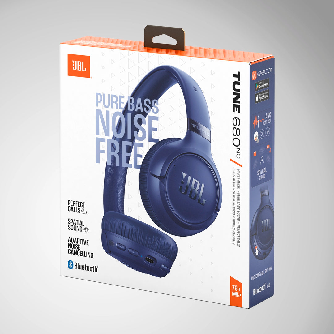 Audífonos inalámbricos JBL Tune 680NC azules con cancelación de ruido adaptativa, vista frontal