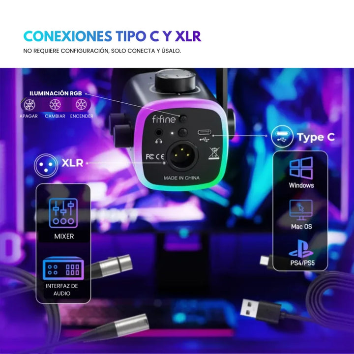 Micrófono Fifine AM9 para streaming y gaming, USB, RGB - Achorao
