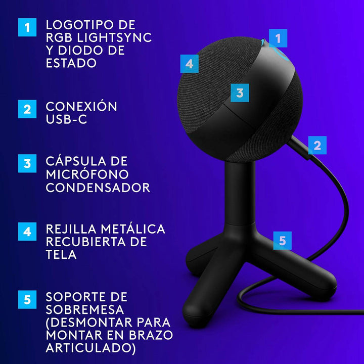 Micrófono condensador Logitech G Yeti Orb RGB con LIGHTSYNC para juegos - Achorao