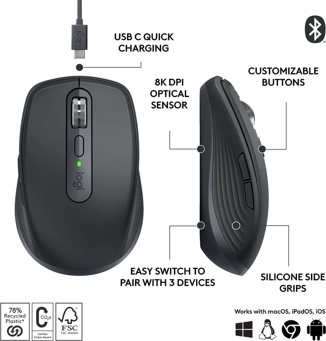 Mouse Logitech Mx Anywhere 3S inalámbrico seguimiento de 8K DPI clics silenciosos USB C PC Mac - Achorao