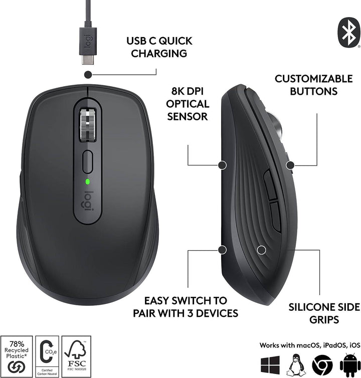 Mouse Logitech Mx Anywhere 3S inalámbrico seguimiento de 8K DPI clics silenciosos USB C PC Mac - Achorao