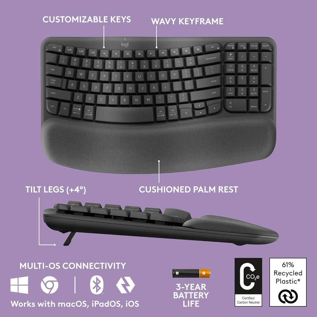 Teclado Sp Logitech Wave Keys wireless con reposamanos acolchado - Achorao