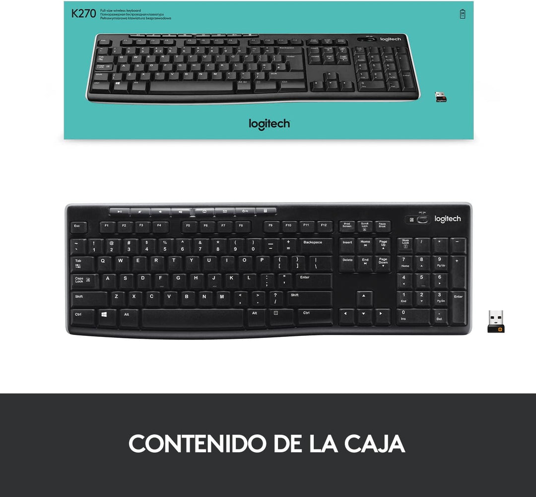 Teclado Logitech K270 inalambrico a 2,4 GHz para Windows, tamaño completo - Achorao