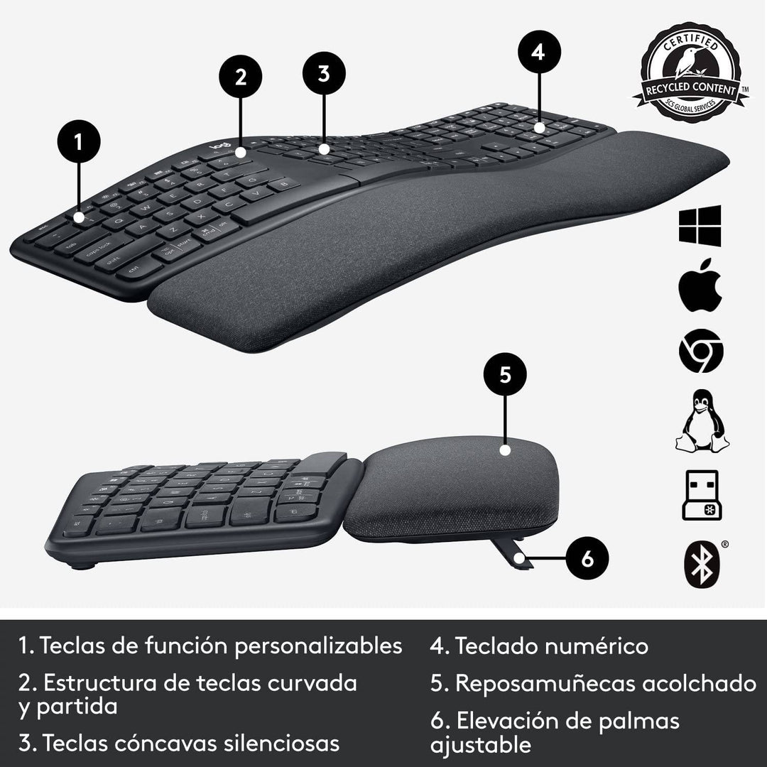 Teclado Logitech K860 ERGO Inalámbrico Ergonómico Bluetooth - Achorao