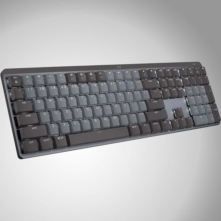 Teclado Logitech MX Mechanical para oficina con retroiluminación inteligente y diseño ecológico, en color negro.