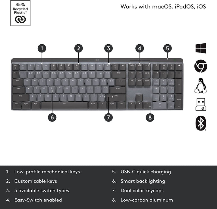 Teclado de oficina Logitech MX Mechanical con retroiluminación inteligente y diseño ecológico, visible en la imagen.